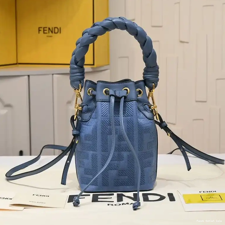Affordable Tresor Fendi Handle Woven FF with Motif Canvas Blue In Bag Mon Bucket Mini 0521